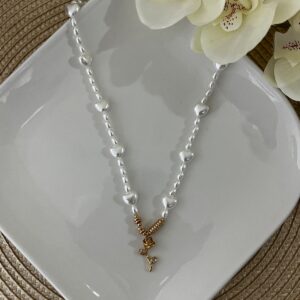 C18140 COLLAR DE PERLAS Y CORAZON  CON DIJE DE FLOR 18K 42+5CM
