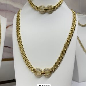 J14009 JUEGO DE CADENA PULSERA CUBANA CON DOS ESLABONES REDONDOS BRILLOSOS 14K P: 19CM C: 50CM