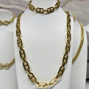 J14010 JUEGO DE CADENA PULSERA DE ESLABON DOBLE 14K P: 20CM C: 52CM