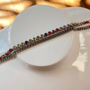 PR051 PULSERA DOBLE CUBANA Y DE PIEDRA DE COLORES RODIO 19CM