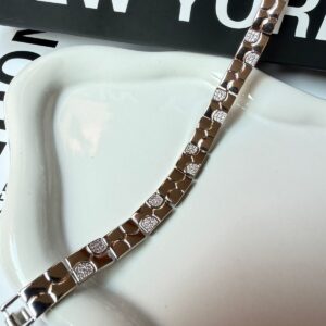 PR061 PULSERA DE RODIO DE ESLABON CAUDRADO CON BRILLOS 17+2CM