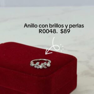 R0048 ANILLO CON BRILLOS Y PERLAS RODIO