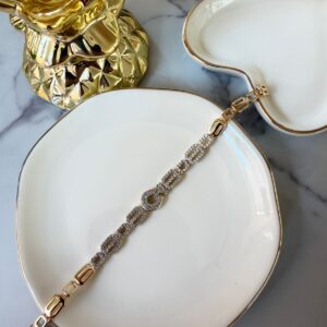 P18397 PULSERA ESLABON TIPO CLIP LISO Y BRILLOS 17+2CM 18K