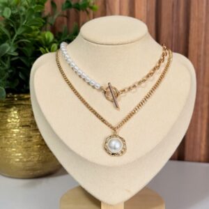 C18352 CADENA DOBLE CON PERLAS Y DIJE DE PERLA 18K 42+5CM