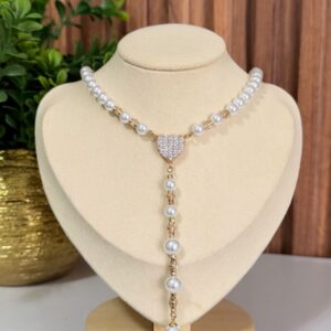 CD18008 COLLAR PERLAS CON DIJE CORAZON CON BRILLOS 18K 42+3CM