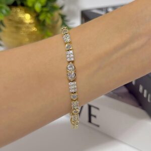 P14051 PULSERA CON RECTANGULOS Y CORAZONES CON BRILLOS 14K 17+2CM