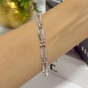 PR088 PULSERA RODIO ESLABONES RECTANGULARES CON BRILLO Y LISO 17+2CM