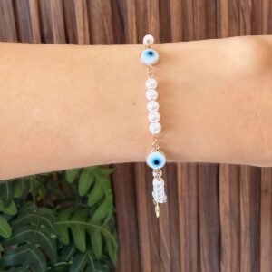 P18554 PULSERA DE PERLAS CON OJO TURCO 18K 17+3CM