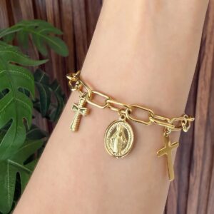 P18561 PULSERA ACERO FINO CON DIJES DE CRUZ Y VIRGEN 20CM