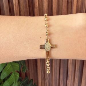 P18559 PULSERA ACERO FINO DE CUENCAS CON CRUZ PERFORADA VIRGEN GPE 17CM