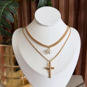 C18435 CADENA DOBLE CON PERLA Y CRUZ COLGANTE 18K 40+48CM