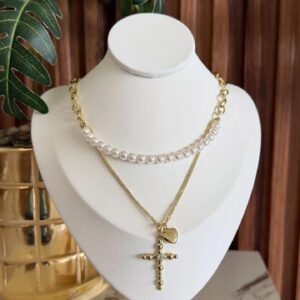 C14025 CADENA CON PERLAS Y DIJE DE CORAZON Y CRUZ 14K 18+40 CM