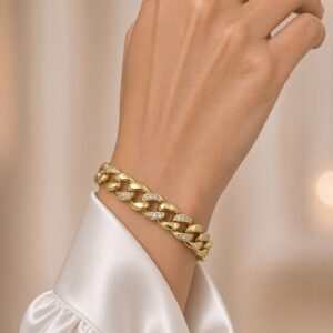 P14061 PULSERA ESLABON CUBANO LISO Y CON BRILLOS 17+2CM 14K