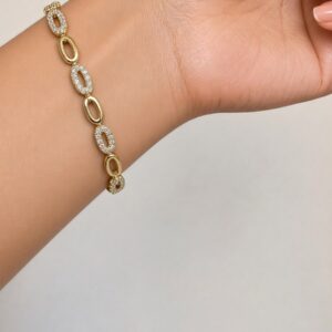 P14057 PULSERA ESLABON OVALADO CON BRILLOS Y LISO 17+2CM 14K