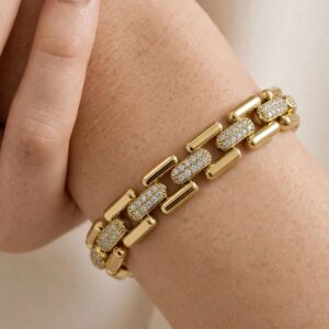 P14058 PULSERA ESLABON CUADRADO Y LINEA CENTRAL DE BRILLOS 17+2CM 14K