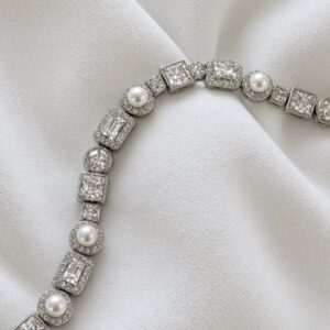 PR103 PULSERA RODIO ESLABON ES GEOMETRICOS CON BRILLOS Y PERLAS 16+3CM