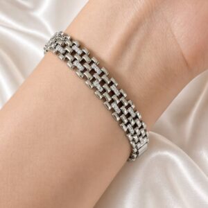 PR099 PULSERA RODIO ESLABONES ENTRELAZADOS LINEA CENTRAL CON BRILLOS 17+2CM