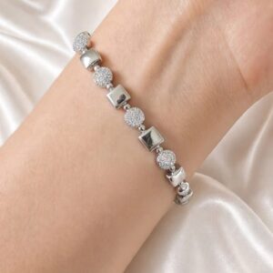 PR095 PULSERA ESLABONES CUADRADOS Y FLORES CON BRILLOS 17+2CM RODIO