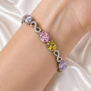 PR102 PULSERA RODIO CON PIEDRAS DE COLORES Y ESLABON INFINITO CON BRILLOS 17+2CM