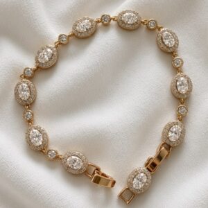 P18583 PULSERA ESLABON OVALADO CON PIEDRA Y BRILLOS 17+2CM 18K