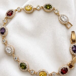 P18572 PULSERA ESLABON OVALADO CON BRILLOS Y PIEDRA DE COLORES 17+2CM 18K