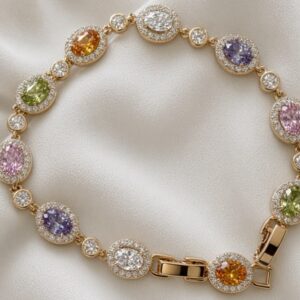 P18571 PULSERA ESLABON OVALADO CON BRILLOS Y PIEDRAS DE COLORES 17+2CM 18K