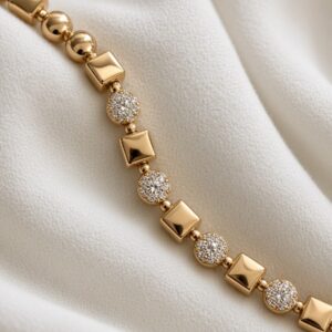 P18580 PULSERA DE CIRCULOS CON BRILLOS Y CUADROS LISO 17+2CM 18K