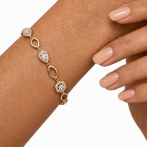 P18581 PULSERA ESLABON TIPO GOTA Y HEXAGONO CON PIEDRA Y BRILLOS 17+2CM 18K