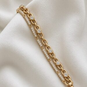P18586 PULSERA CON LINEA DE BRILLOS Y ESLABON PEQUEÑO CON PIEDRA 17+2CM 18K