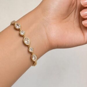 P18585 PULSERA ESLABON OVALADO Y CIRCULO CON CRISTALES 17+2CM 18K
