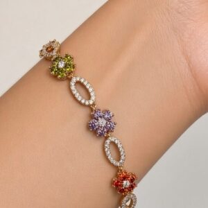 P18570 PULSERA ESLABON OVALADO CON BRILLOS Y FLORES DE COLORES 16+2+2CM 18K