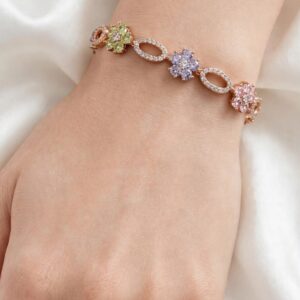 P18569 PULSERA ESLABON OVALADO Y DE FLORES TONOS PASTEL 16+2+2CM 18K